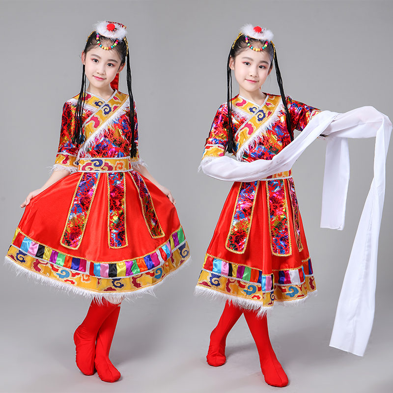 六一儿童演出服装新款女藏族舞蹈演出服女水袖12少儿表演服舞台服