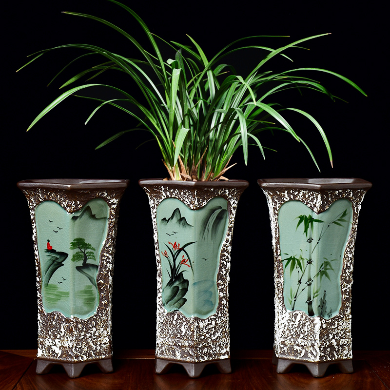2021新款中国风复古手绘兰花专用花盆陶瓷六角高款紫砂大号中式盆
