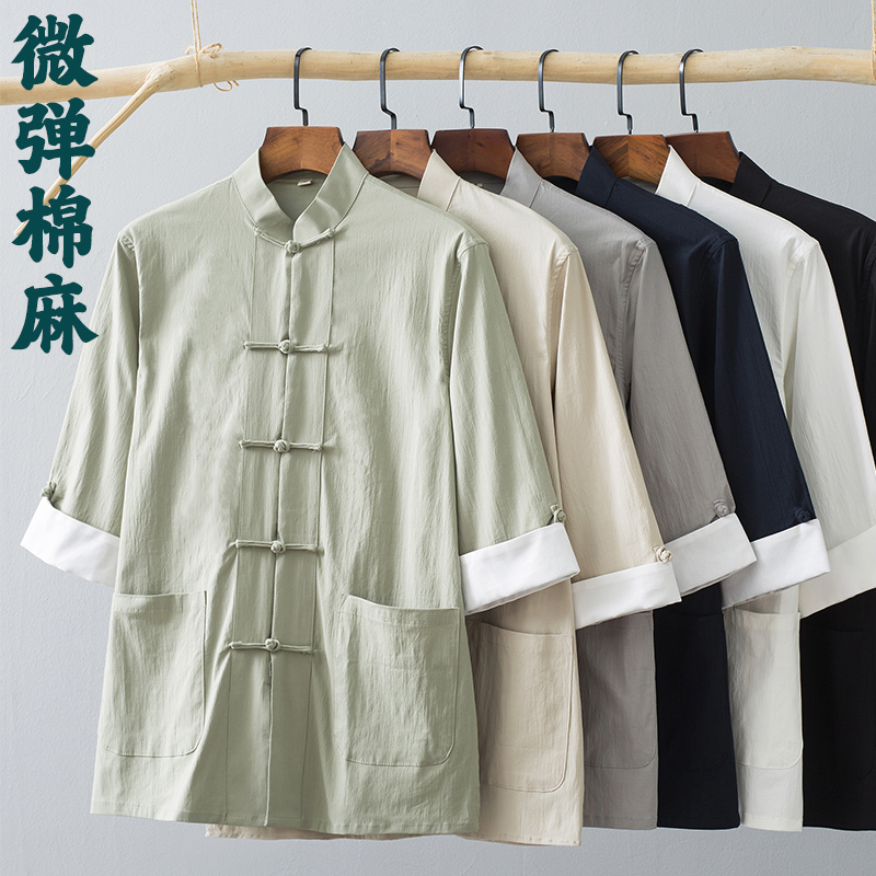 唐装男青年夏季薄款短袖中袖中国风男装中式复古盘扣棉麻衬衫衬衣