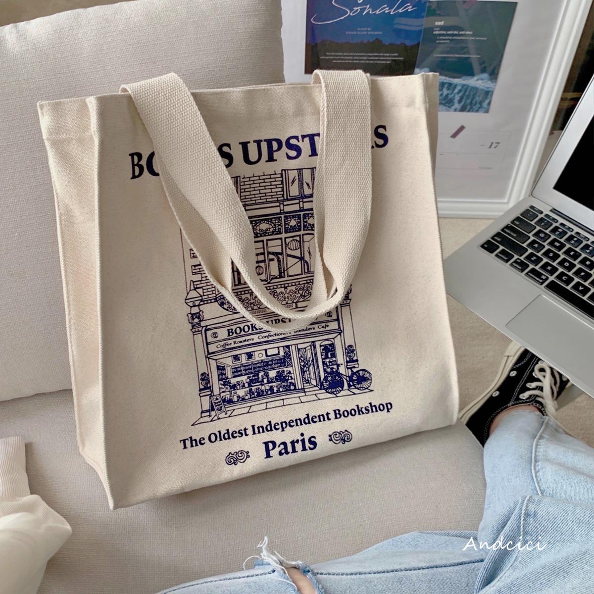 ANDCICI@巴黎书店~vitage大容量帆布包男女学生书包购物袋托特包