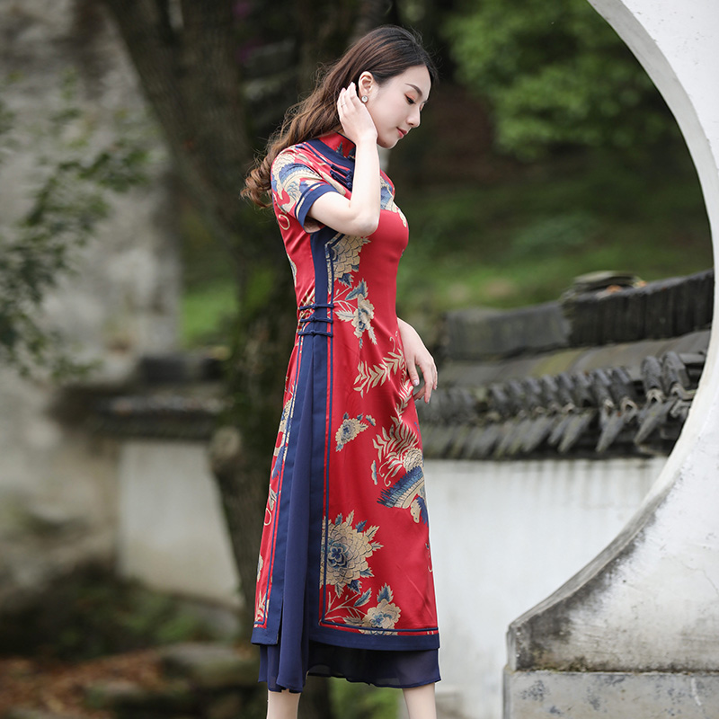 越南奥黛长款旗袍女夏季新款2023短袖改良版连衣裙红色中国风优雅