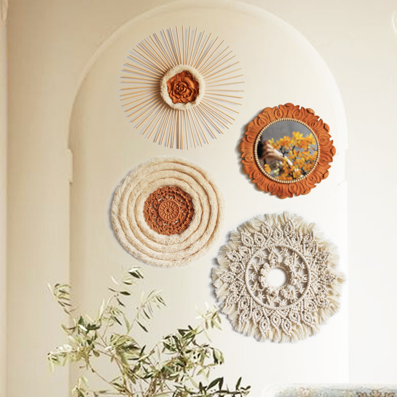 摩洛哥风侘寂风艺术复古玄关沙发圆形羽毛原木自由组合墙壁挂装饰