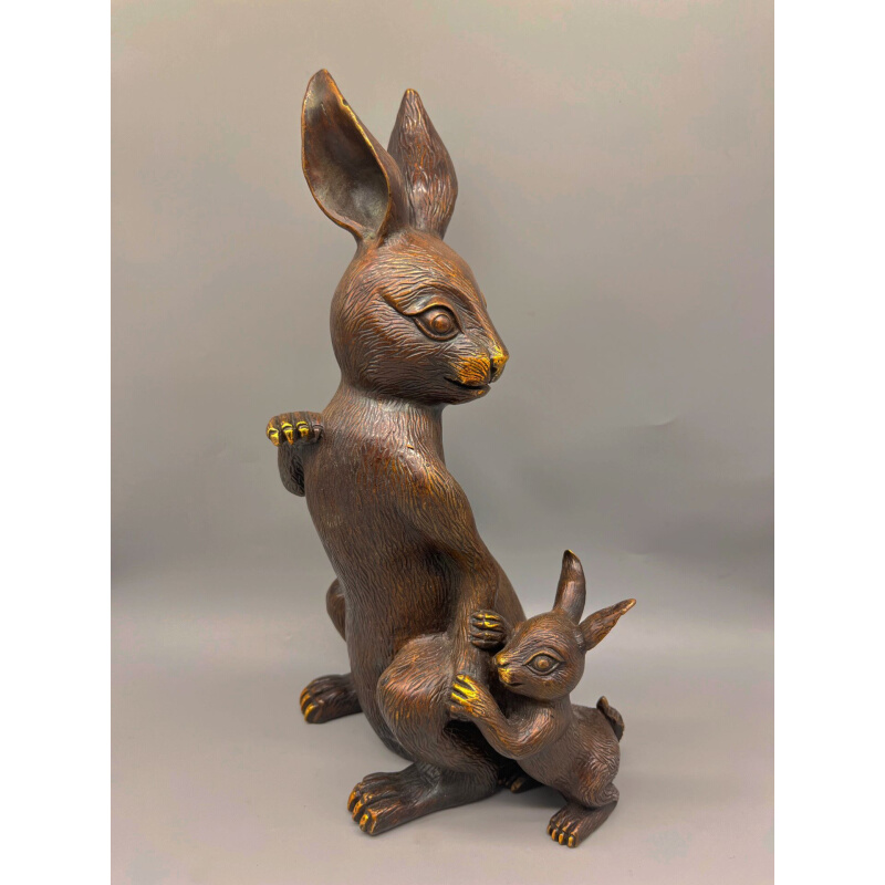 仿古纯铜点金母子兔黄铜生肖兔子铜器工艺品家居办公室装饰摆件