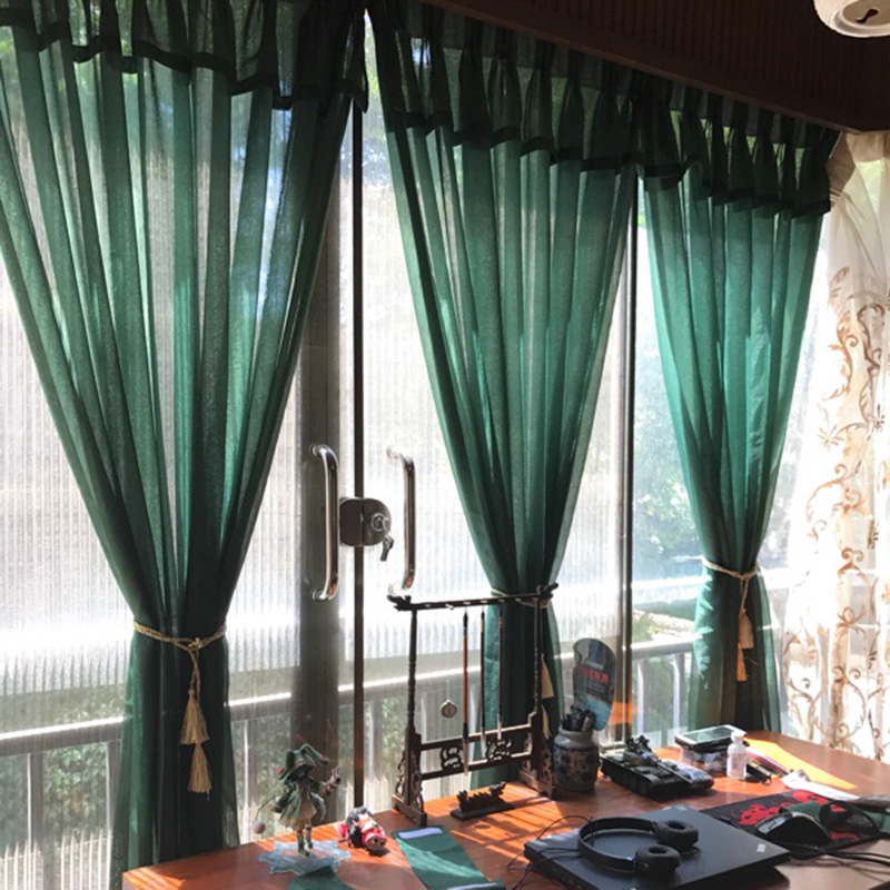 金衢窗帘 复古墨绿色轻柔窗纱 美式中式客餐厅卧室艺术压皱纱帘