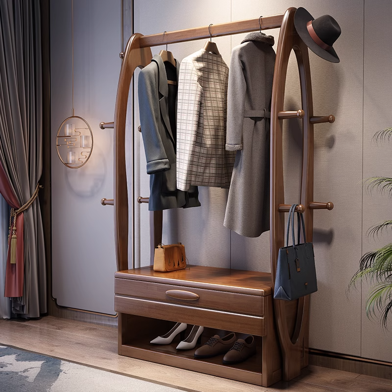 新中式实木衣帽架卧室极简落地挂衣架带抽屉多功能置物架收纳柜子