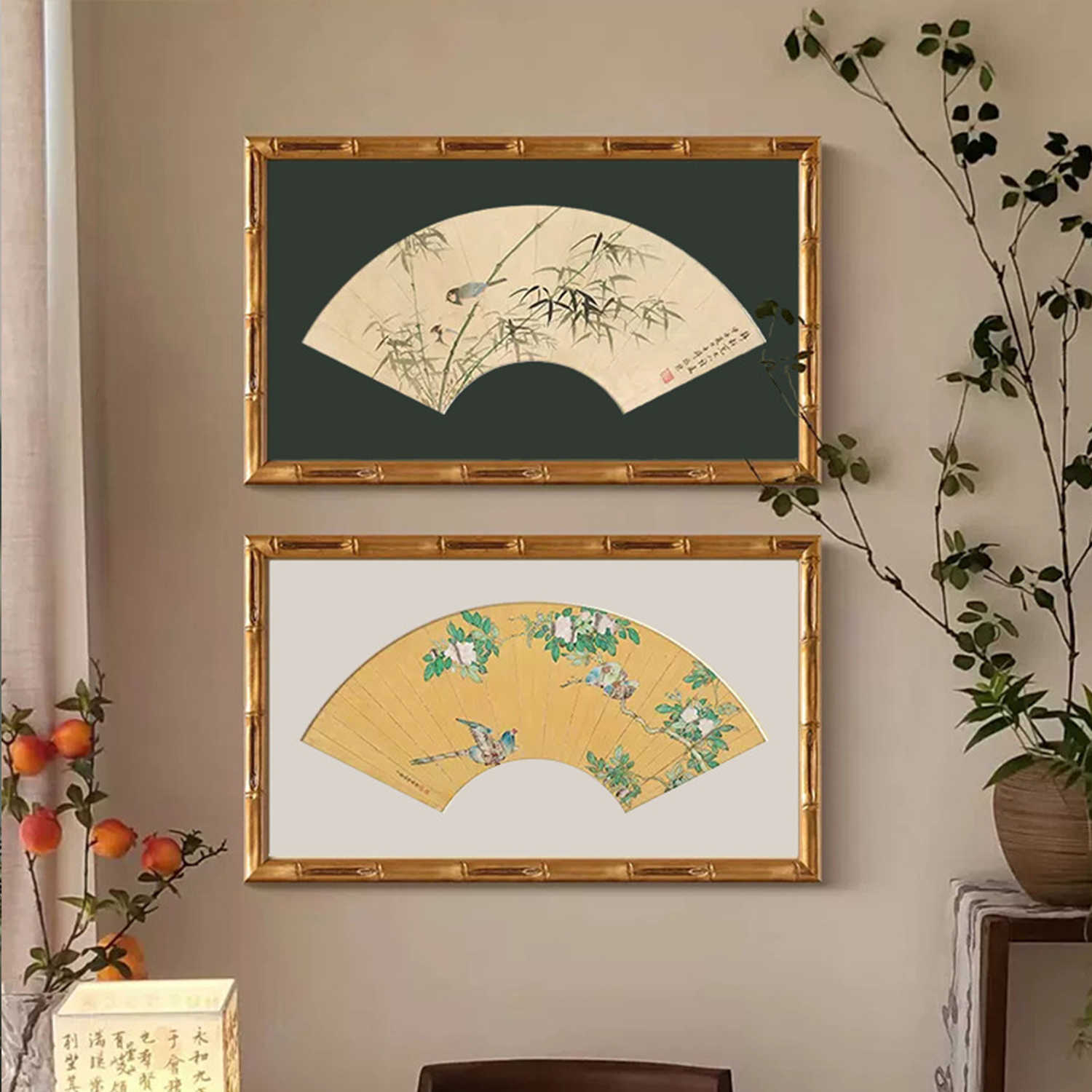 《扇形花鸟图》东方美学法式中国风客厅装饰画玄关书房新中式挂画