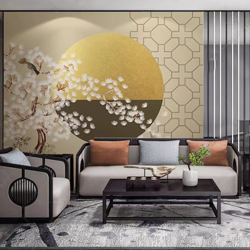 中国风竹子电视背景墙纸新中式金色花鸟轻奢卧室壁布古典护栏壁画