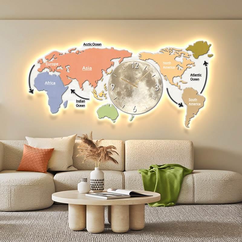 世界地图发光客厅装饰画LED灯光画现代轻奢沙发带挂钟表壁画挂画