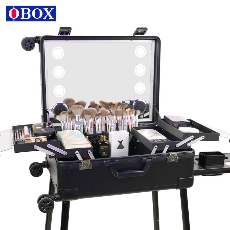 OBOX化妆箱专业跟妆师专用拉杆箱子化妆师带灯镜子隐藏支架行李箱
