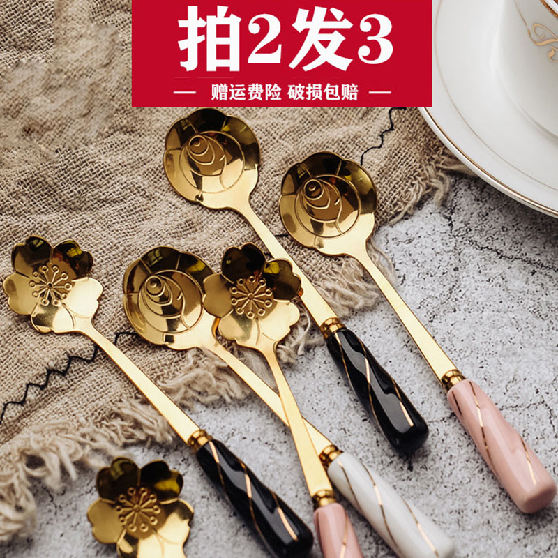 创意日式可爱樱花勺陶瓷不锈钢咖啡勺长柄搅拌韩式粉小花瓣勺子