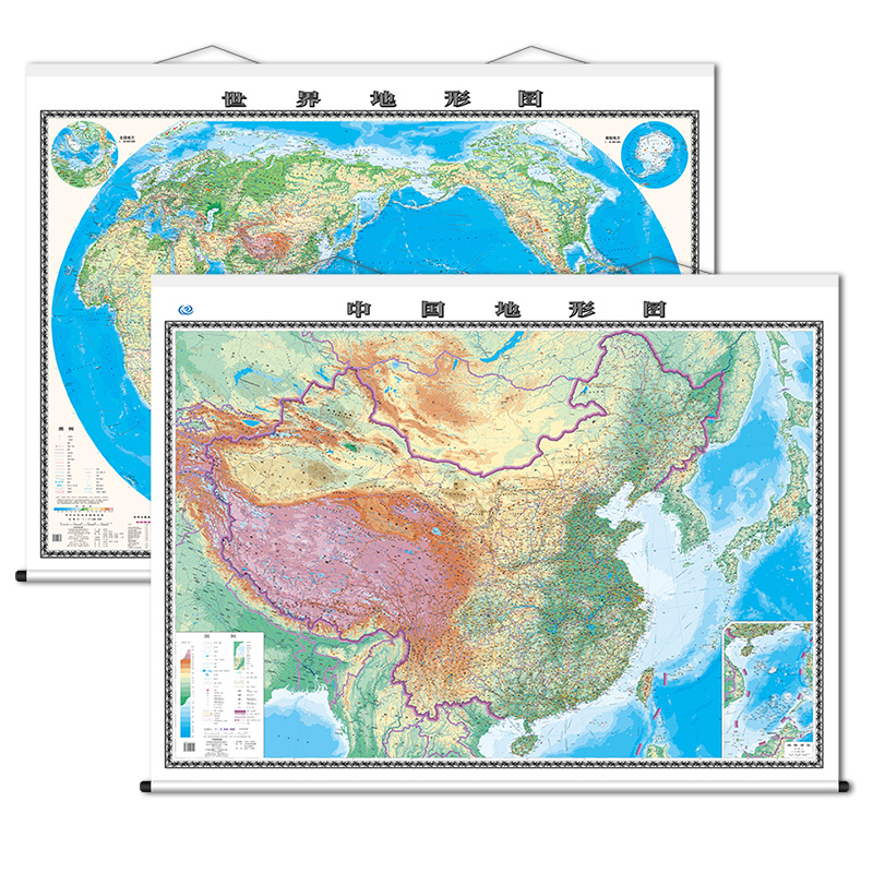 【卷轴版】2022中国地形图+2022世界地形图 精装版亚膜防水挂图 政区交通 2米×1.5米地图挂图 超大幅面 会议室领导办公室用图