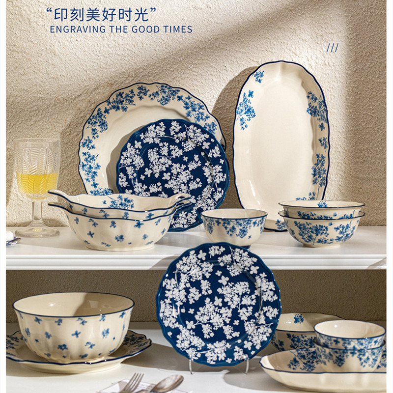 顺祥硕加珈蓝陶瓷碗碟套装家用鱼盘子汤碗双耳碗米饭碗高级感餐具