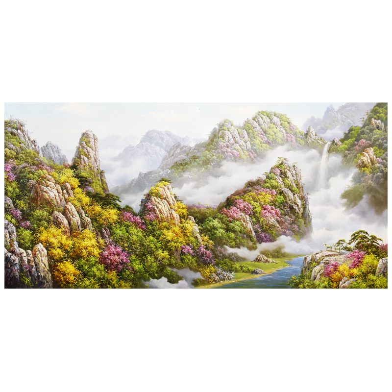 朝鲜风景油画手绘宽1.6米 李春植 人民艺术家《妙香山仙境》we457