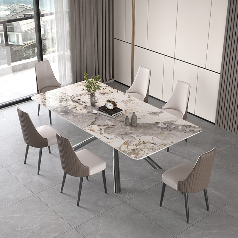速发亮光岩板轻奢不锈钢餐桌椅现代简约高端家用小户型长方形北欧