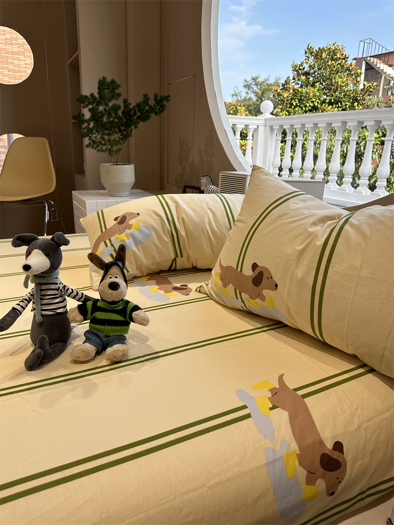童趣可爱快乐小狗绿条纹纯棉床笠床单单件1.35m1.8保护套宿舍床罩