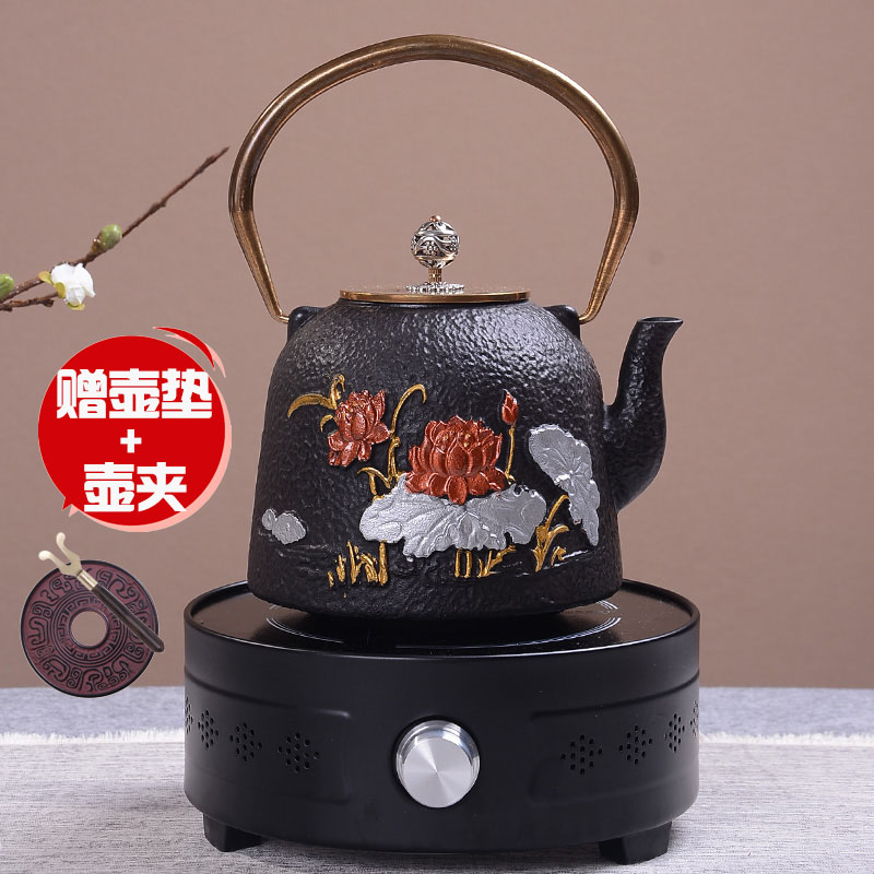 铁壶煮水壶加厚大茶壶 铜盖铜提梁防锈手工铸铁壶 日式南部泡茶壶