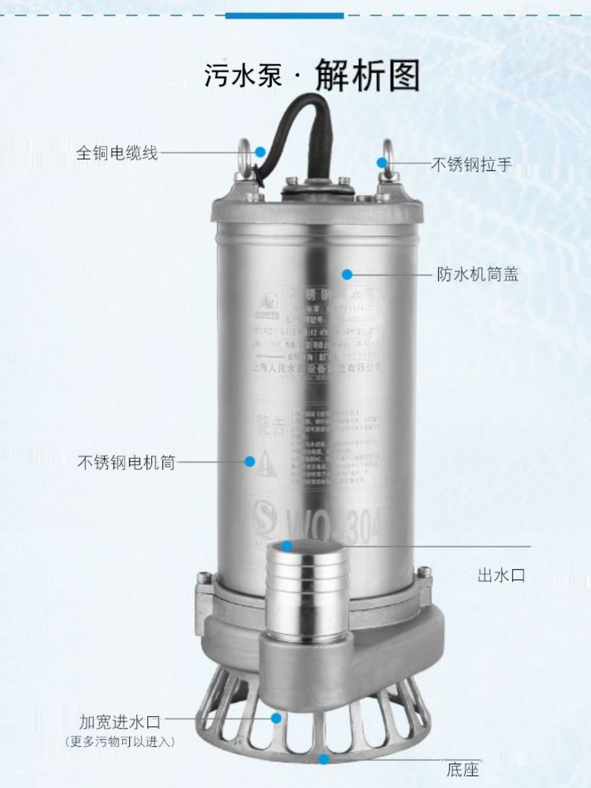 上海人民牌污水泵220v304不锈钢潜水泵耐腐蚀化工泵高扬程抽水机