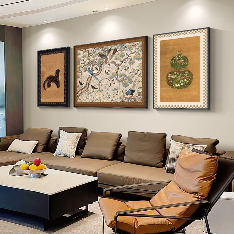 金钱豹法式寓意大气中古风客厅新中式三联画装饰画沙发背景墙挂画