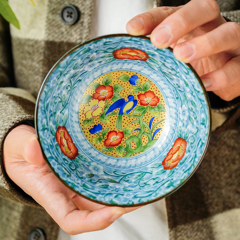 日本进口 美浓烧 古伊万里淡雅红花鸟5.5英寸碗 陶瓷碗 餐具