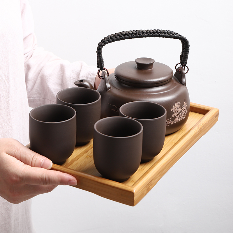 整套大号宜兴紫砂茶具套装大容量提梁壶带过滤内胆紫泥酒店泡茶壶