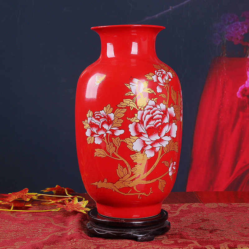 景德镇陶瓷器 中国红牡丹冬瓜花瓶 家居装饰品新房摆件 装饰摆件