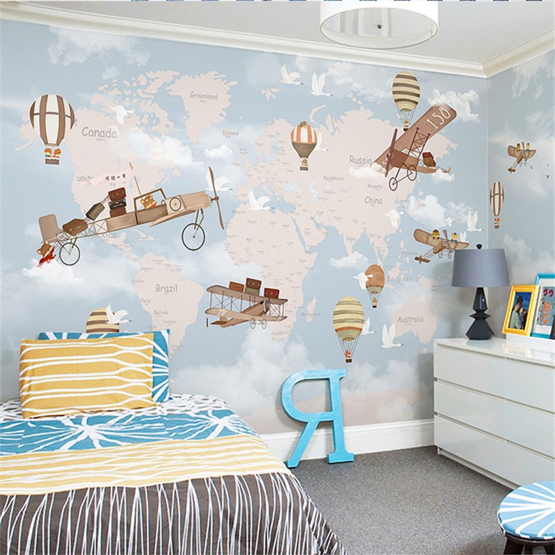 北欧儿童房墙纸男孩房间壁纸卧室背景墙壁画卡通飞机世界地图墙布
