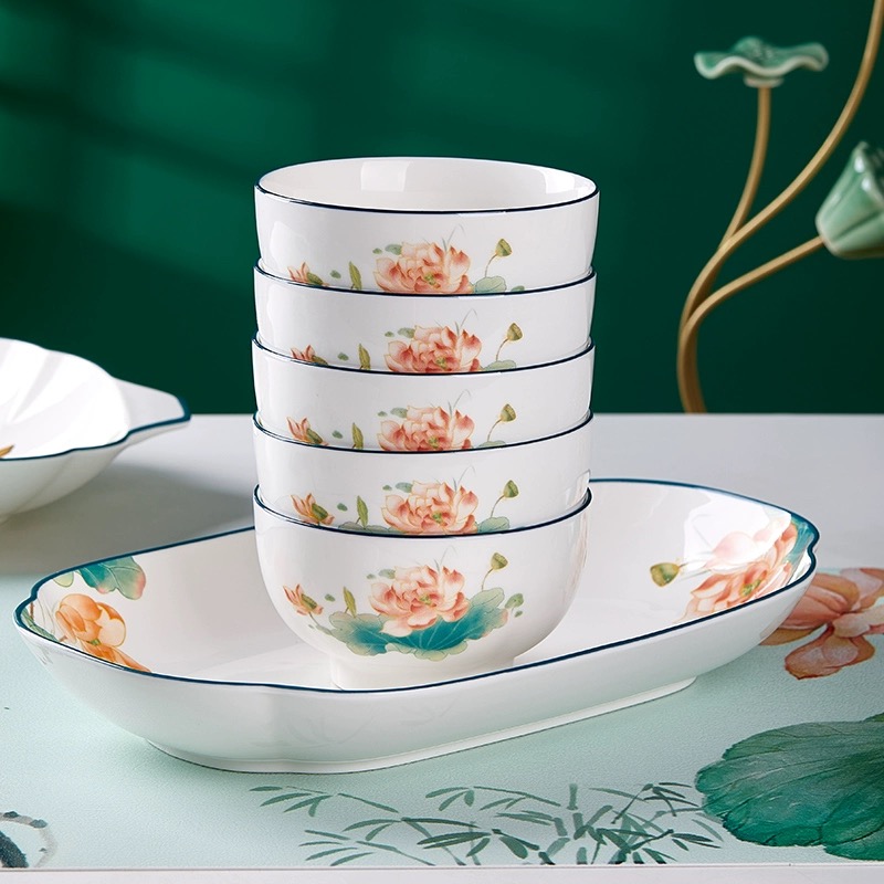 荷花碗碟家用碗筷陶瓷中国风盘子菜盘吃饭碗2023新款釉中彩汤面碗