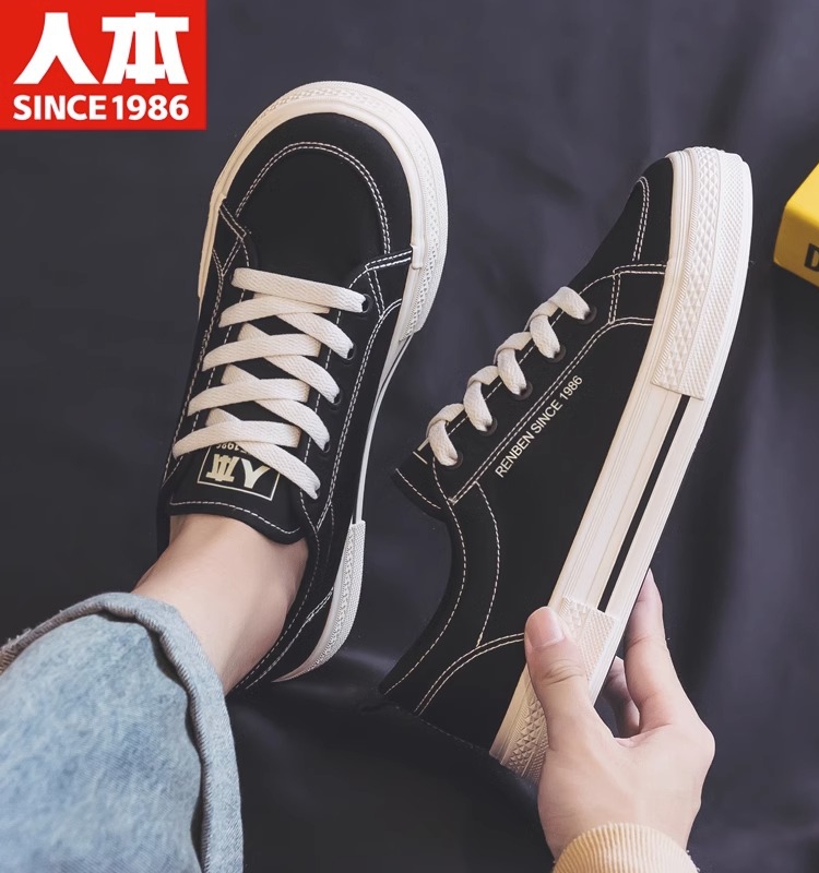 人本帆布鞋男2024新款春季男鞋小黑鞋中国青年男士休闲板鞋运动鞋