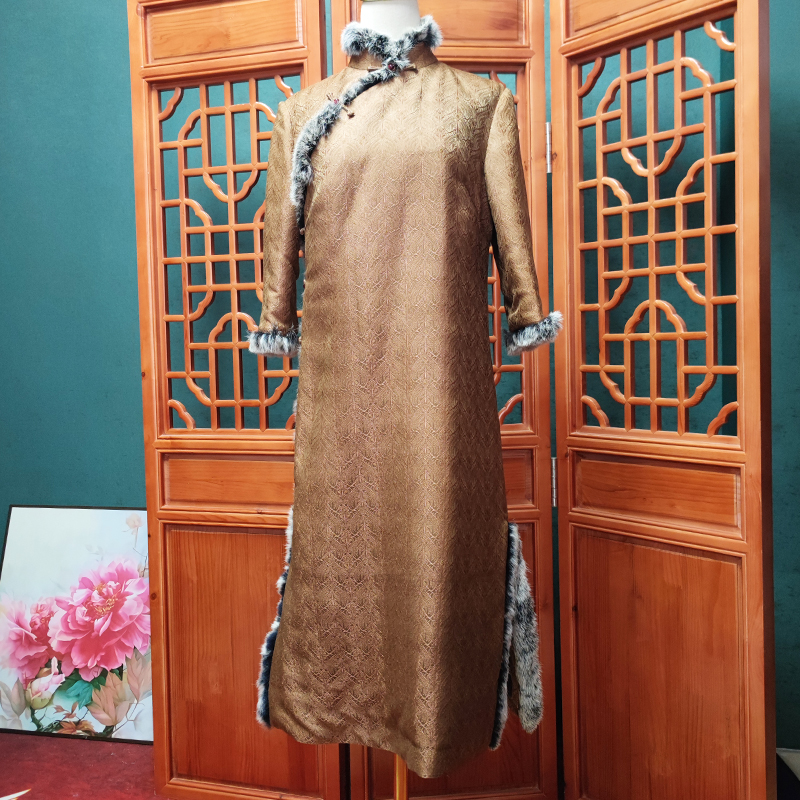 云锦桑蚕丝旗袍羽绒加棉加厚冬季新款中式国风传统古法旗袍