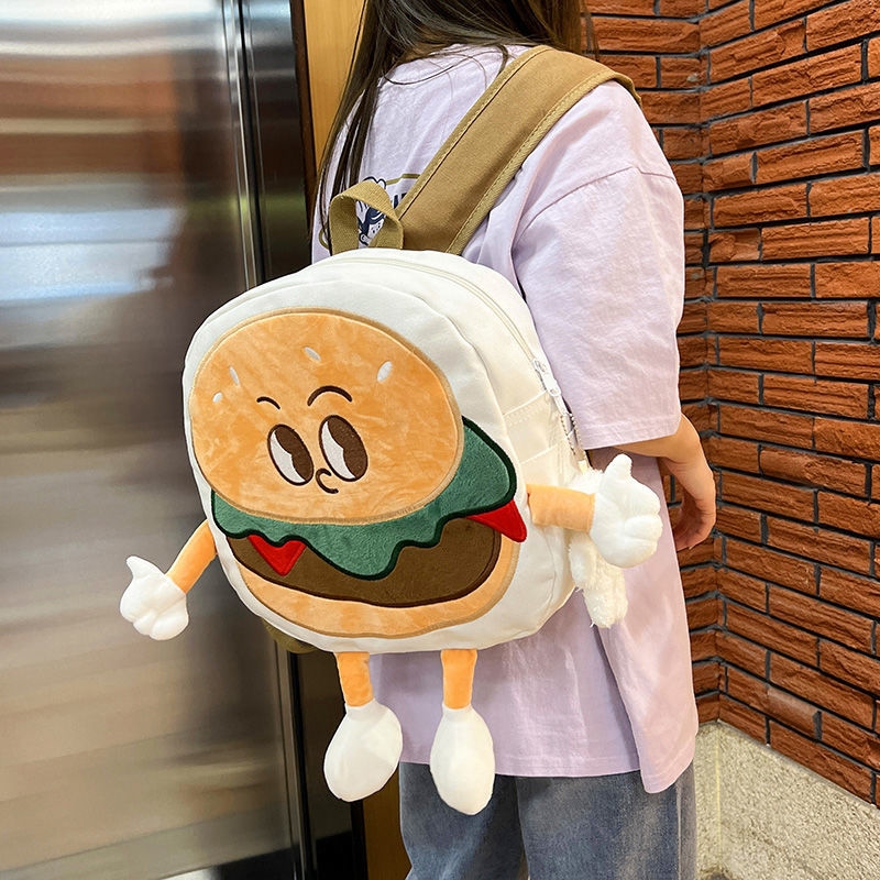 可爱书包新款收纳小韩学生少女卡通汉堡毛绒软萌通勤包众@双肩包