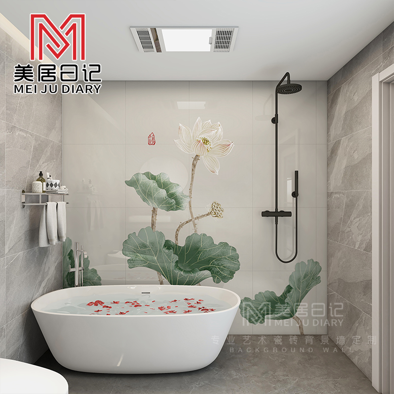 新中式卫生间马桶浴室古典手绘荷花壁画艺术瓷砖画背景墙墙砖岩板