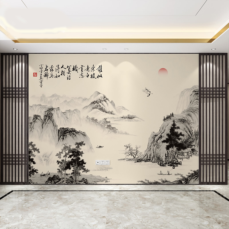 新中式墙布客厅电视背景墙壁纸水墨山水壁画中国古风壁布字画墙纸