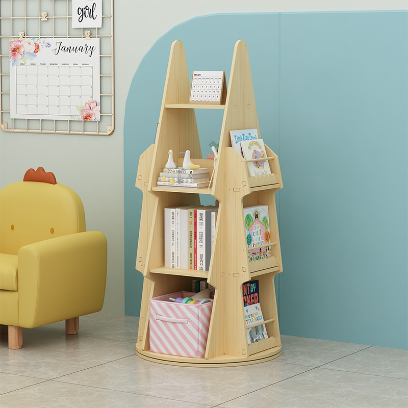儿童旋转书架实木简约落地多层置物架家用书柜宝宝玩具绘本收纳架
