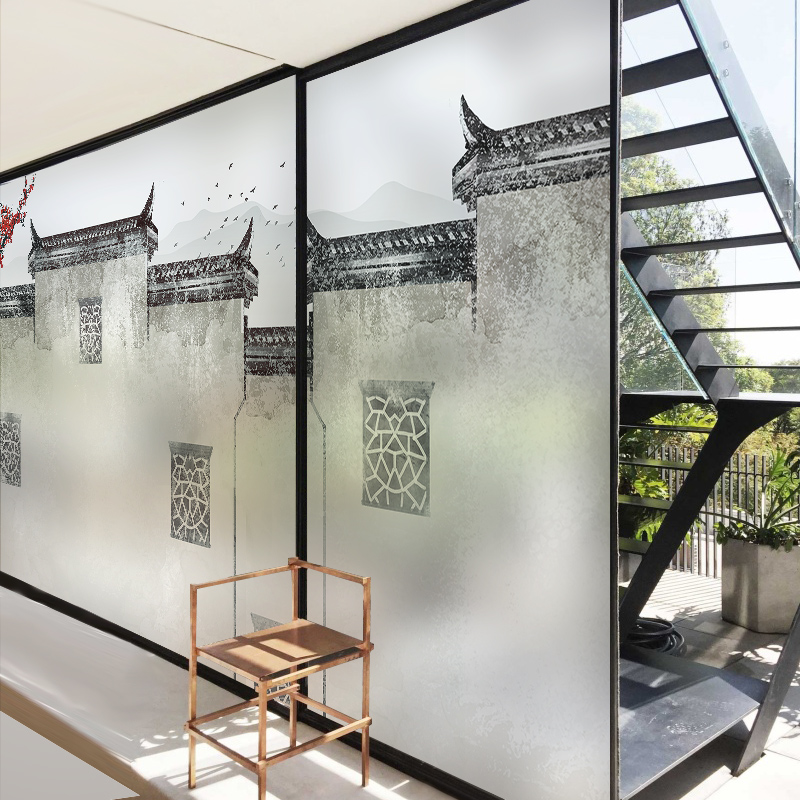 极速粉墙黛瓦新中国风建筑创意玻璃贴纸装饰透光不透明磨砂膜静电