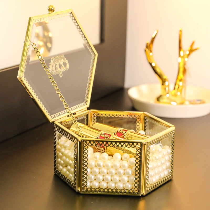 女生管家 金色皇冠玻璃中号六边形玻璃首饰盒珠宝盒收纳盒礼品
