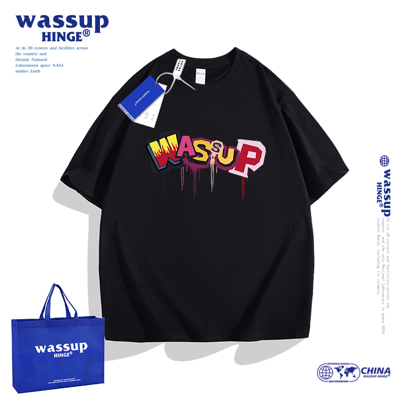 WASSUP HINGE美式字母印花纯棉短袖T恤男夏季新款潮牌宽松上衣服