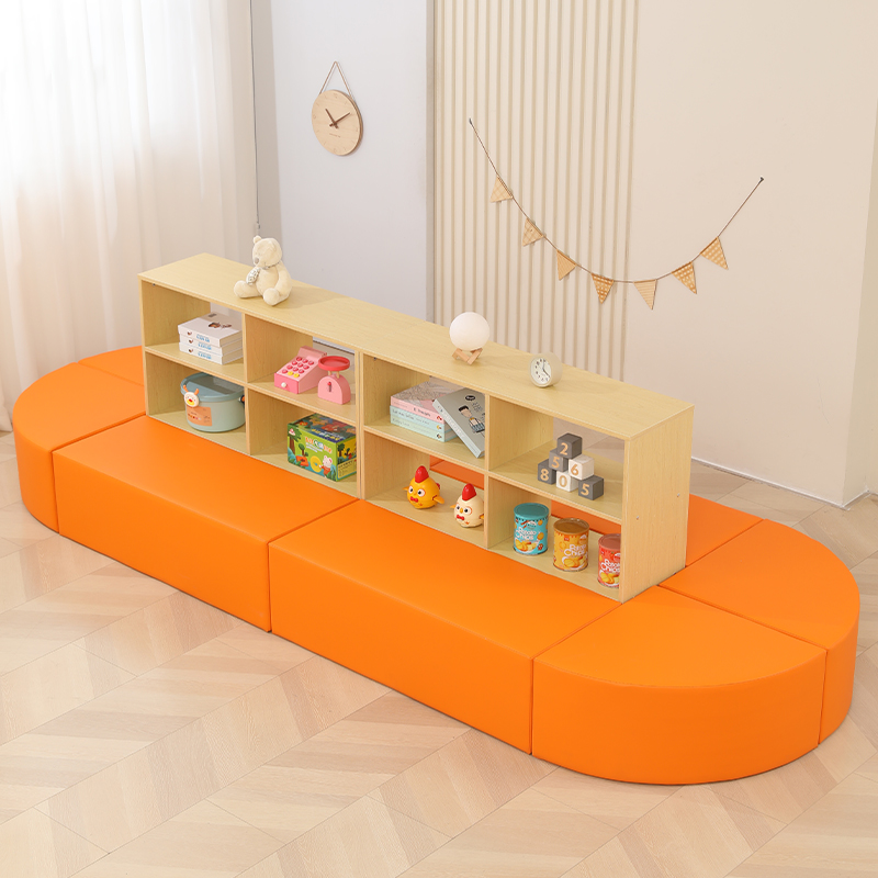 幼儿园银行图书馆绘本阅读区创意弧形组合多功能实木书柜软包沙发