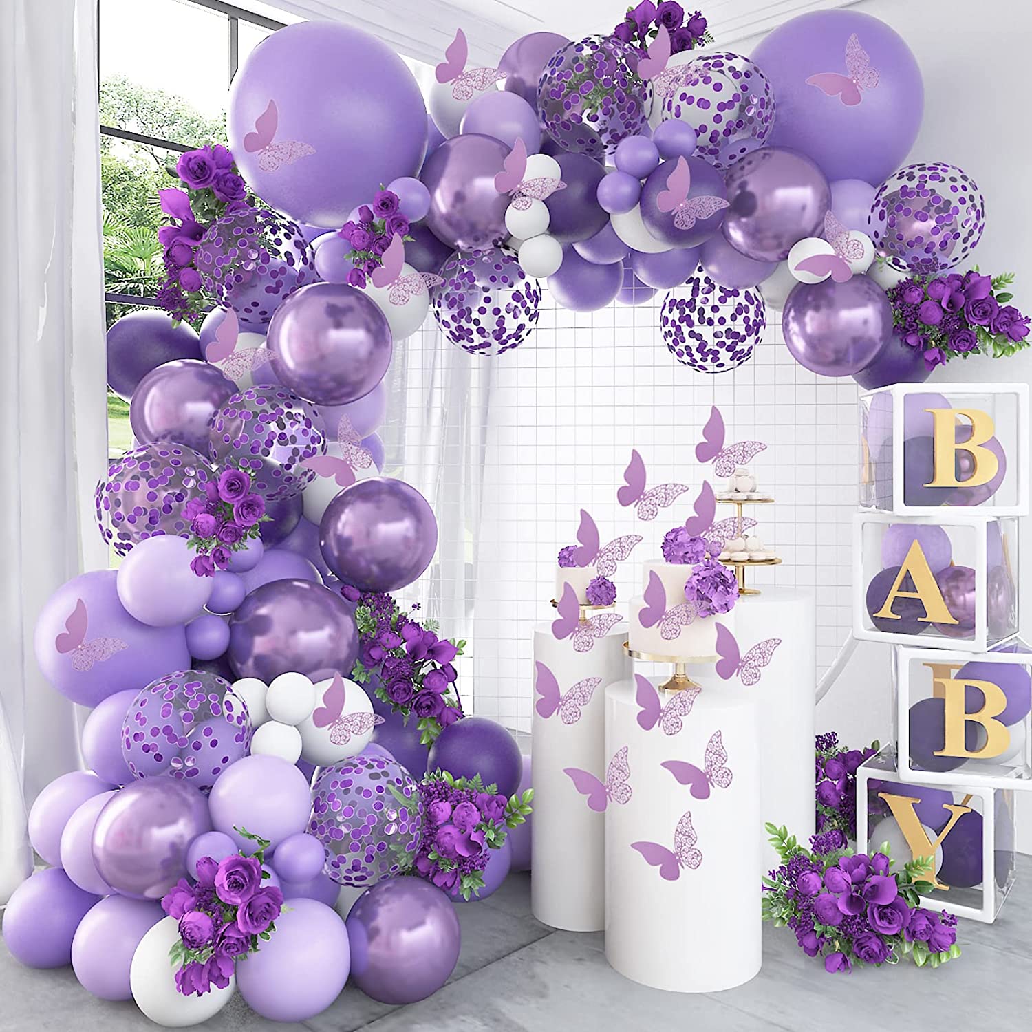 金属紫色紫色蝴蝶主题气球链套装宝宝生日派对婚礼装扮开业装饰
