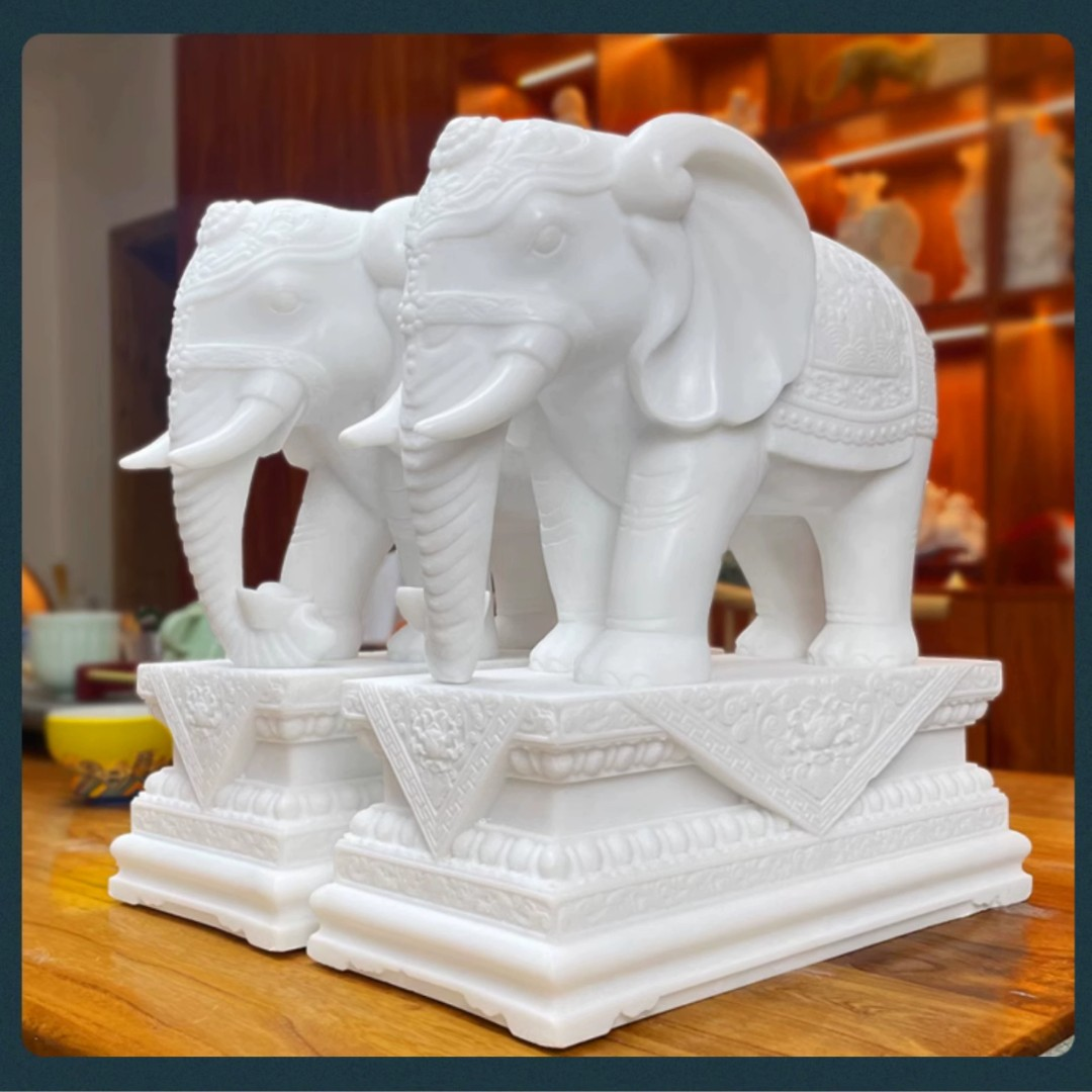 招财大象摆件汉白玉石雕大象办公室玄关桌面石头摆件搬家开业礼品