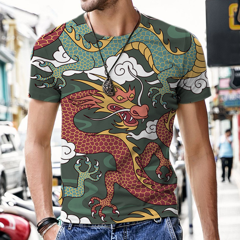 时尚潮流男士夏季霸气花式短袖T恤 中国龙图案3D印花青年短袖衫