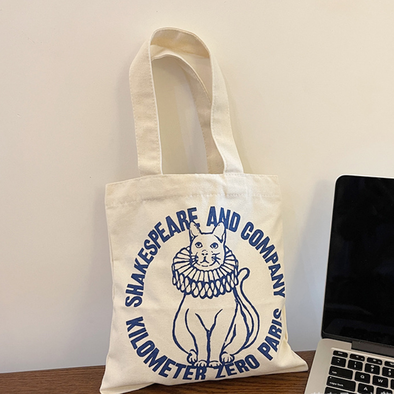 法国莎士比亚书店周边手绘猫咪图案迷你手拎袋帆布包手提包小包
