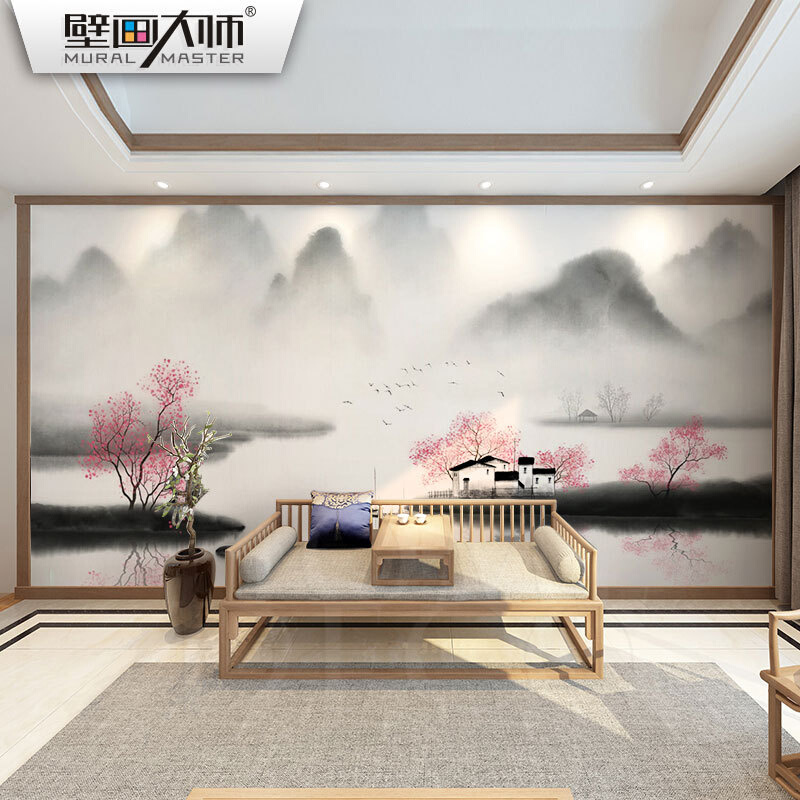 电视背景墙新中式壁纸客厅沙发卧室3D影视墙布写意山水中国风壁画
