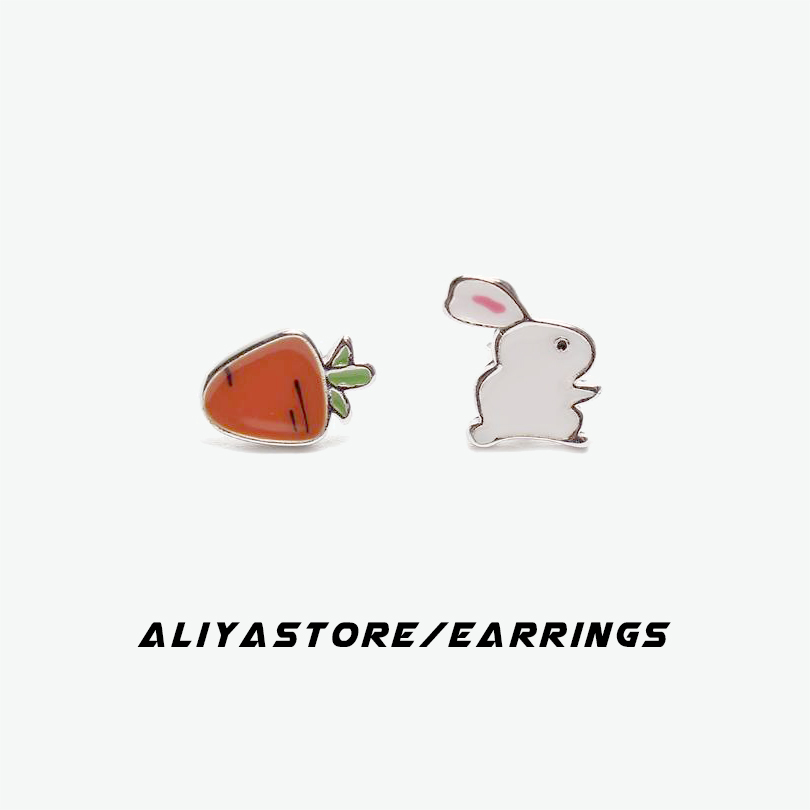 AliyaStore/小兔子胡萝卜不对称S925纯银耳钉可爱童趣饰品