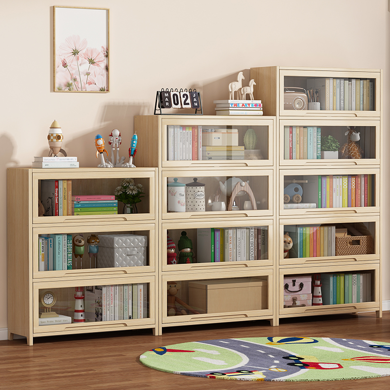 简约书柜组合大容量多层书籍收纳柜儿童学生书橱透明门松木书架子
