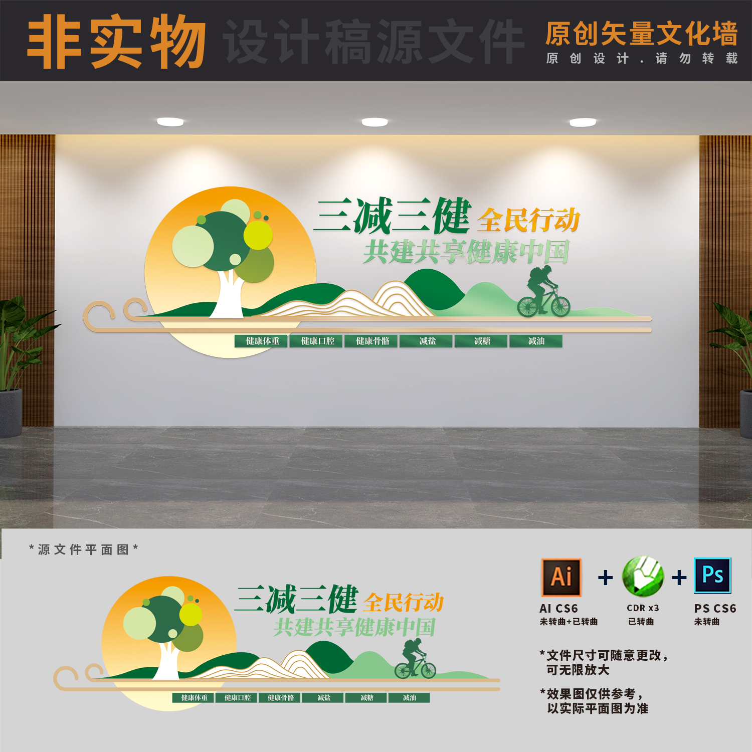 三减三健共建共享健康中国社区医院宣传文化墙AI+CDR+PSD设计稿