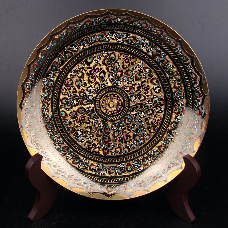 巴基斯坦铜器精雕彩点挂盘手工制作中国风铜盘子摆设古典铜制摆盘