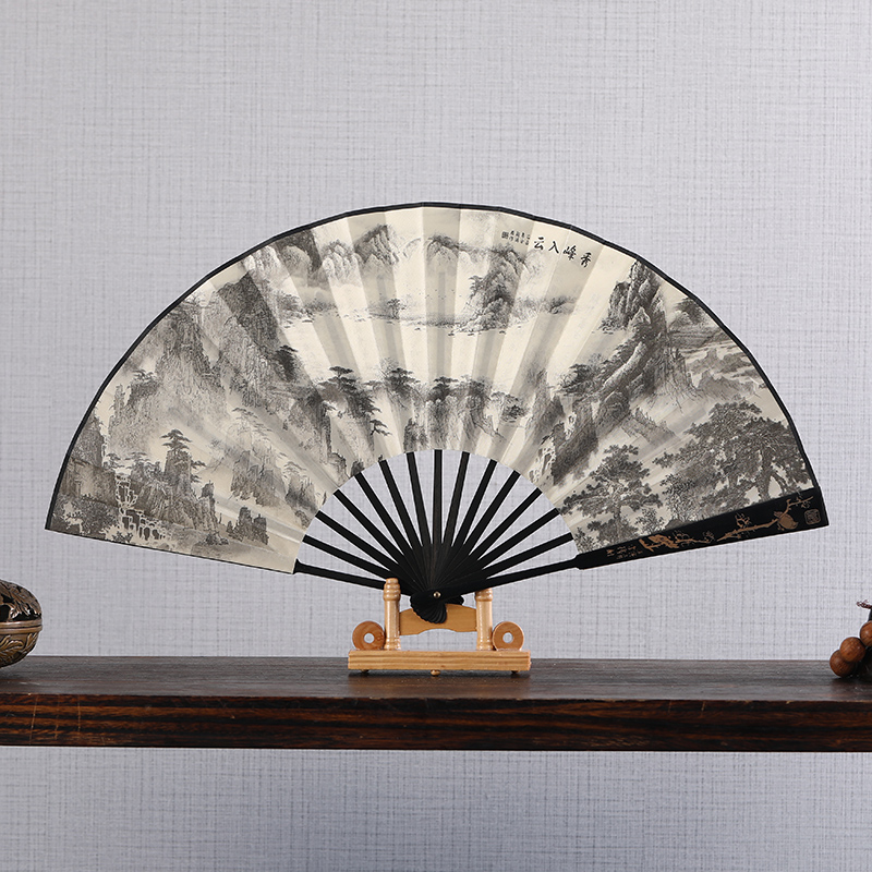 折扇男士10寸绢布雕刻印刷丝绸古典定制礼品古风中国风日用男扇子