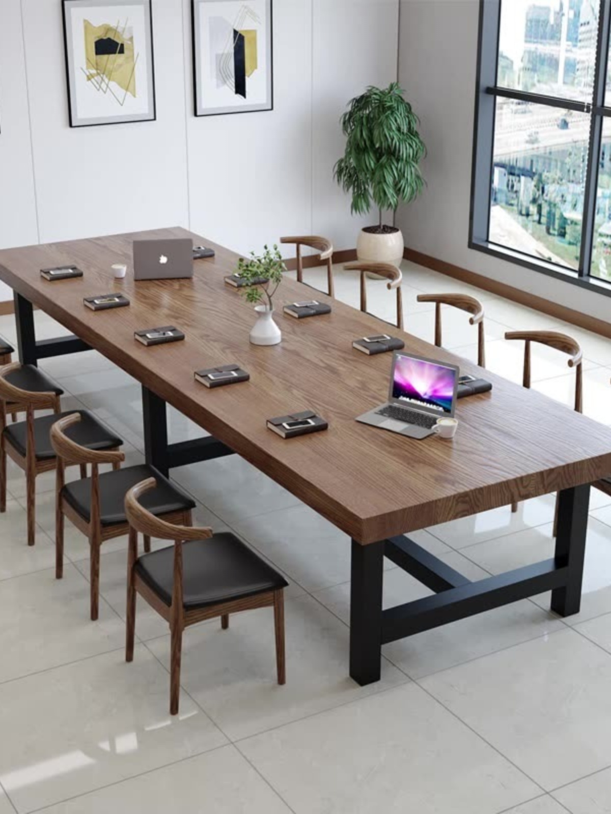 简约现代原木实木会议桌长桌图书馆办公大型工作台长条书桌椅组合