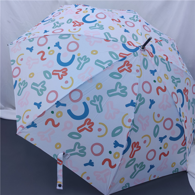 日系可爱童趣炫彩涂鸦自动直长柄雨伞木柄抗风轻便速干学生女生伞