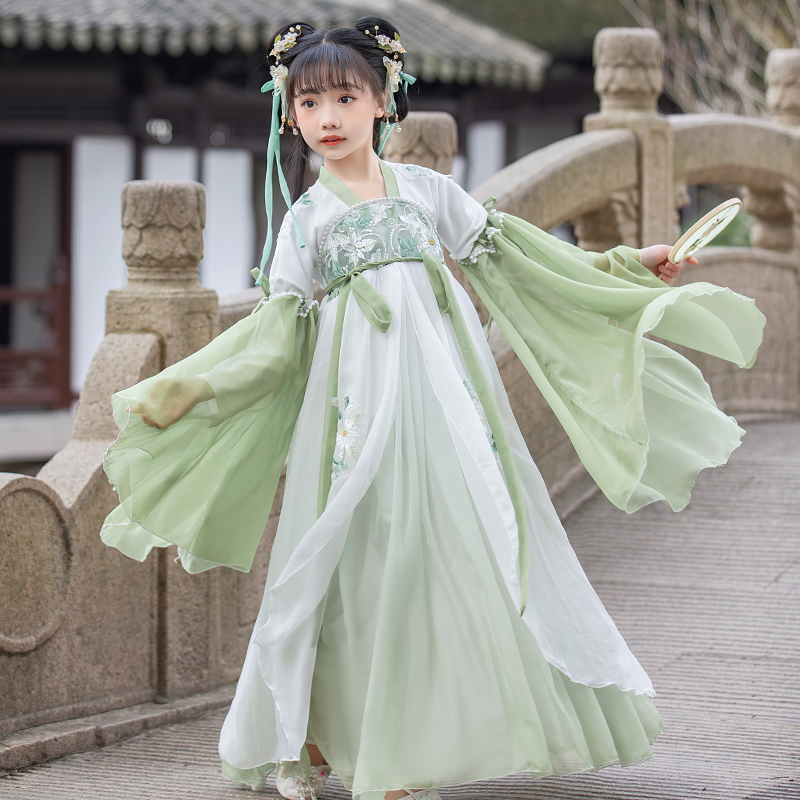 汉服女童春夏中国风唐装夏装儿童古装超仙绿色襦裙古风连衣裙春装